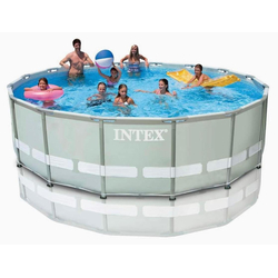 Venta de Piscina Intex familiar 14’X42” escalera, filtro y bomba, cobertor y lona base en Panamá. A sólo $429.99. Entrega gratis. Garantía Mercologo.