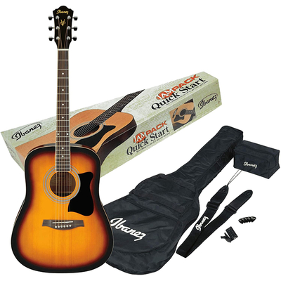 Venta de Paquete de Guitarra acustica Ibanez color  sunburst, incluye estuche, correa, afinador, correa en Panamá. A sólo $199.95. Entrega gratis. Garantía Mercologo.